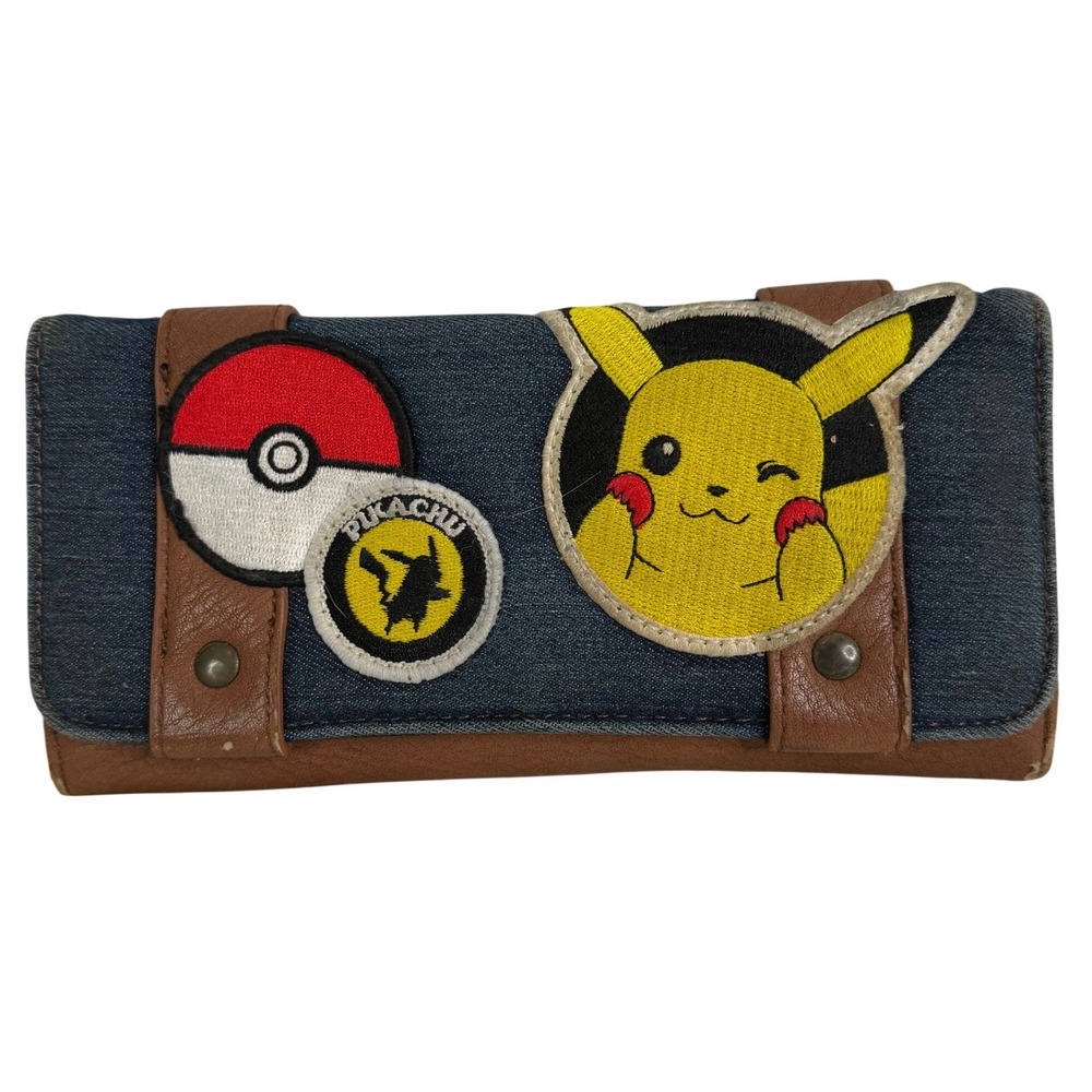 Loungefly Pokemon Pikachu Denim Faux Leather Trifold Wallet Brown Blue Patches